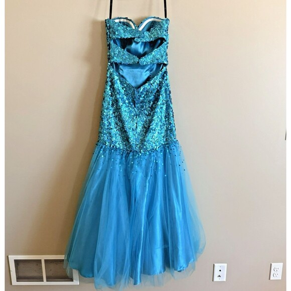 RJ CRUSH Long Mermaid PROM DRESS Aqua Blue Sequins Stones Stapless Tulle Sz 4 - Picture 2 of 15